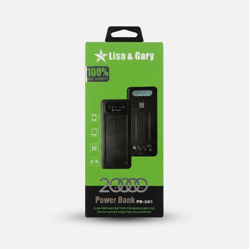 پاوربانک خورشیدی LISA-GARY مدل PB501S ظرفیت ۲۰ هزار با ۴ کابل و چراغ قوه