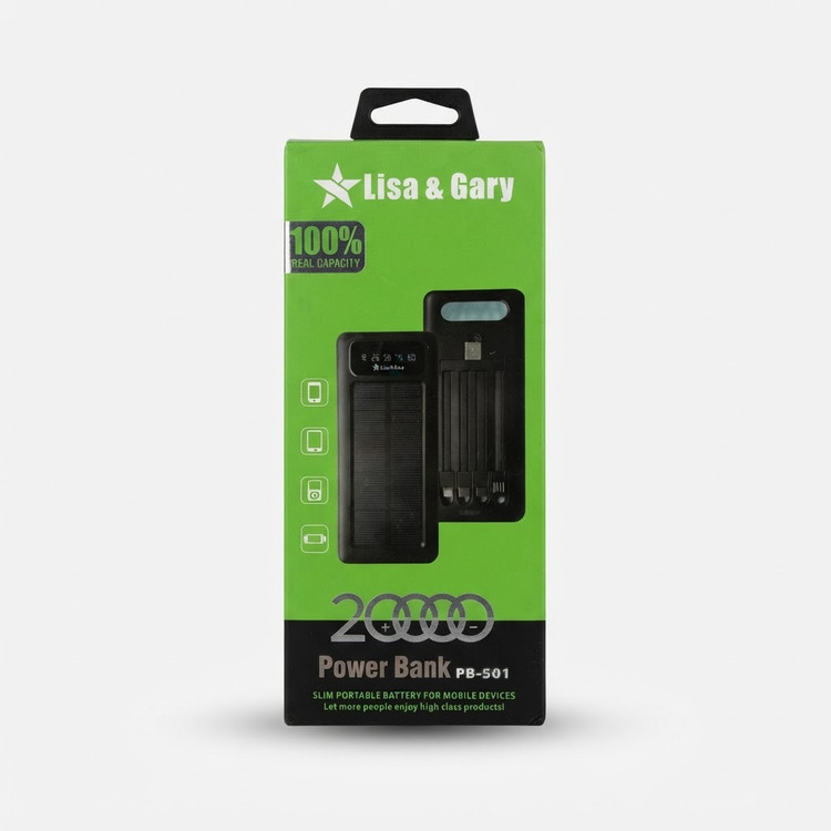 پاوربانک خورشیدی LISA-GARY مدل PB501S ظرفیت ۲۰ هزار با ۴ کابل و چراغ قوه